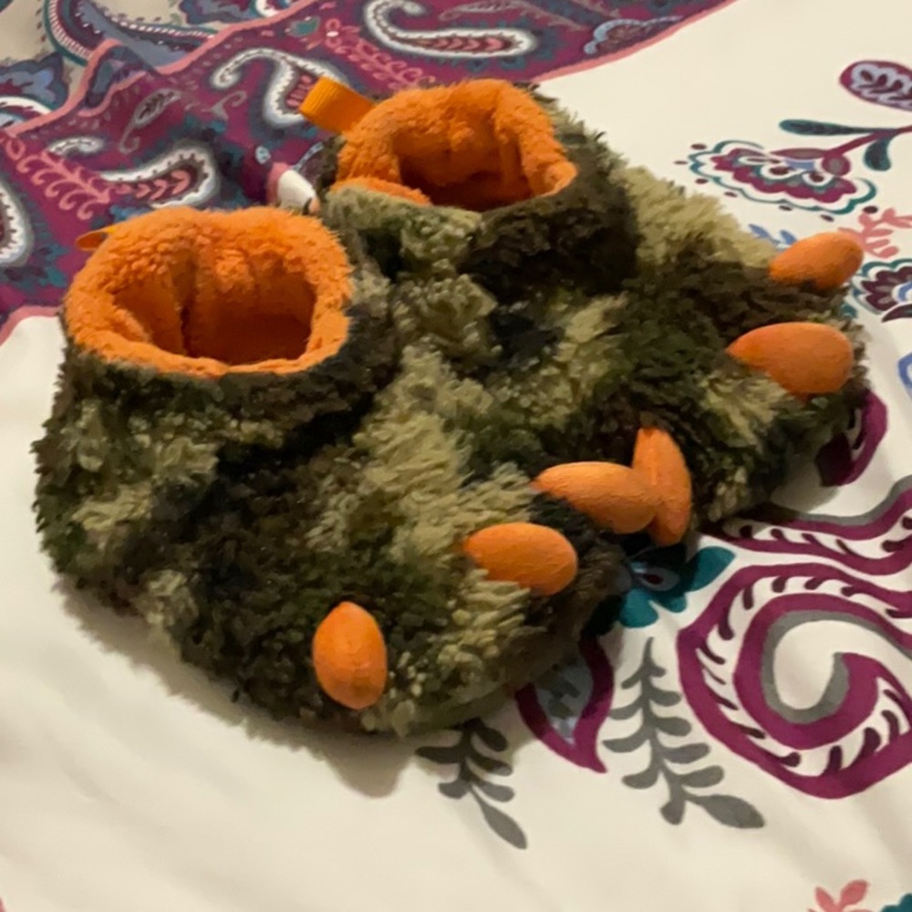 Infant Boys Plush Brown & Orange Camo Monster Claw Slippers Baby Shoes